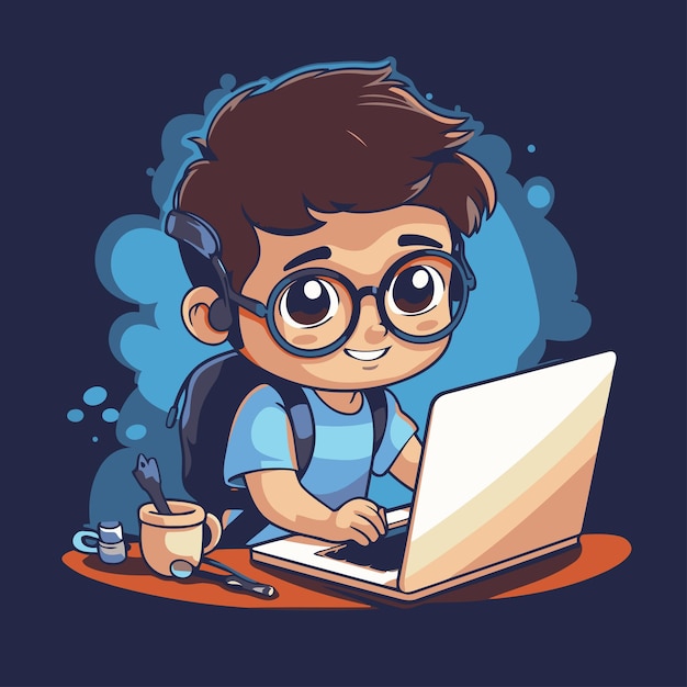 Cute boy with glasses and laptop Vector illustration Isolated on dark background