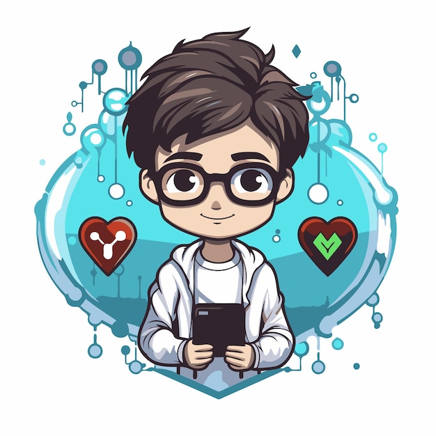 Vector cute boy with glasses and a mobile phone vector illustration