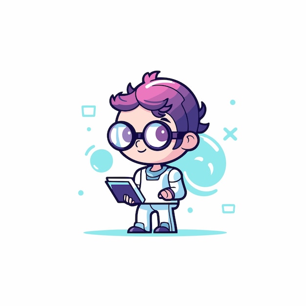 Vector cute boy with glasses using a tablet computer vector illustration