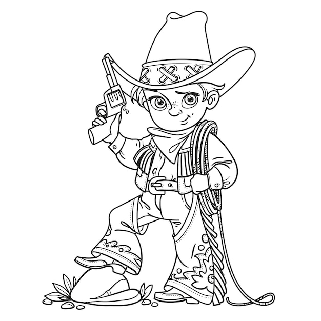 Cute boy with a gun holds the lasso outlined isolated on a white