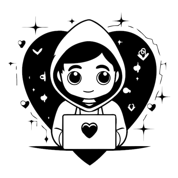 Cute boy with laptop and hearts around him Vector illustration