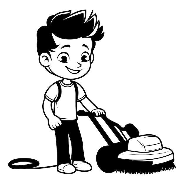 Cute boy with lawn mower black and white vector illustration