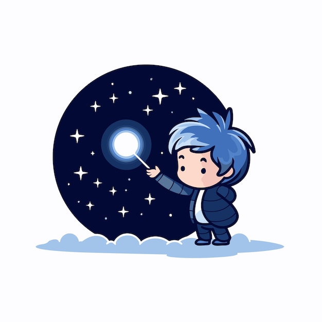 Cute boy with magic wand in the night sky Vector illustration