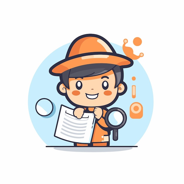 Vector cute boy with magnifying glass and documents vector illustration