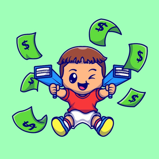 Cute boy with money gun cartoon vector icon illustration. people object icon concept isolated premium vector. flat cartoon style