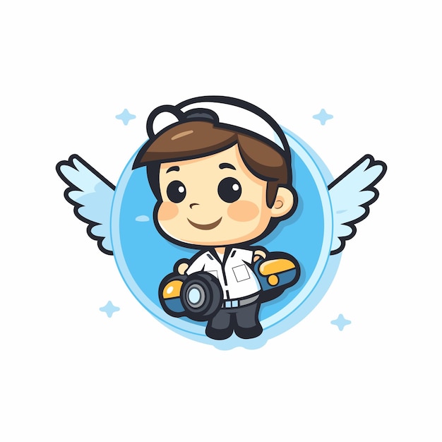 Vector cute boy with motorcycle and wings vector flat cartoon illustration