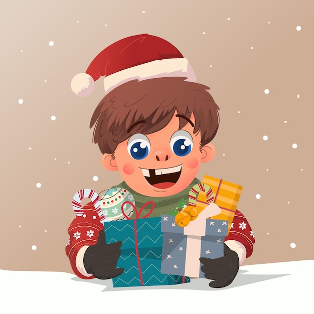 Cute boy with red sweater celebrate Christmas eve and received a lot of gift