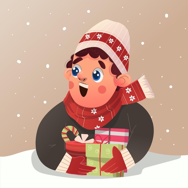 Cute boy with sweater and  beanie hat celebrate christmas eve received a lot of gift illustration