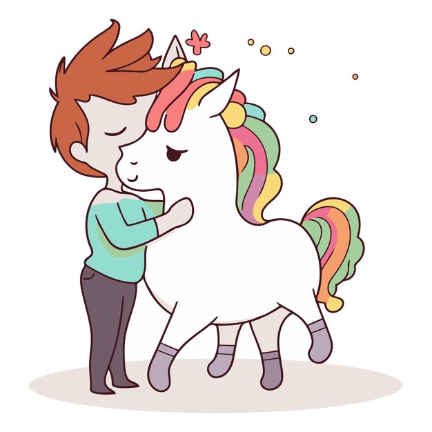 Vector cute boy with unicorn in a flat style