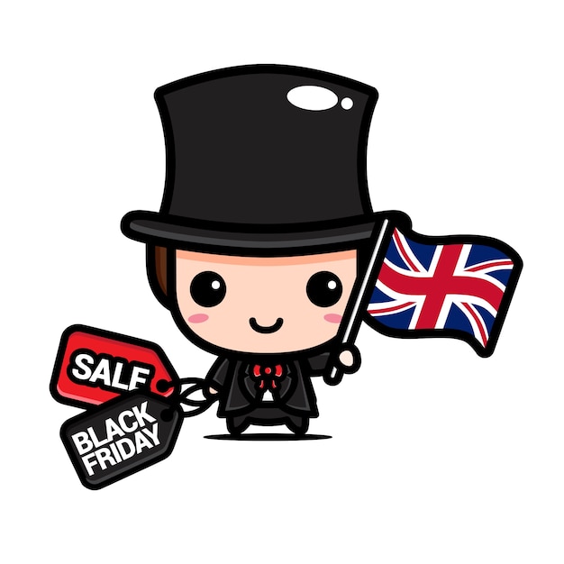 Vector cute boy with united kingdom flag and black friday discount coupon