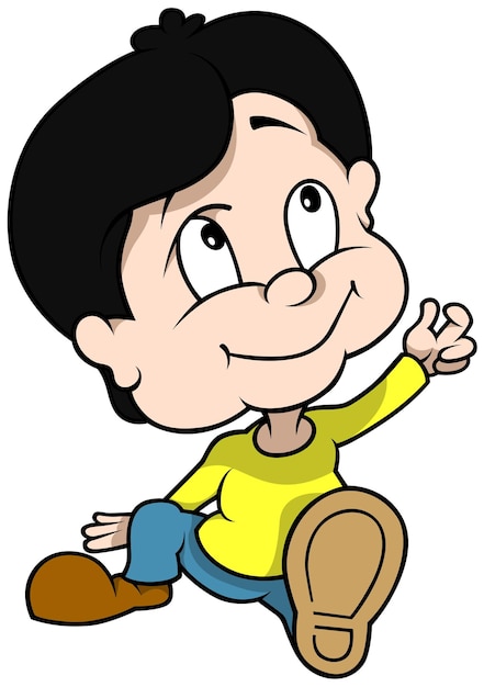 Cute boy with yellow tshirt and black hair sitting on the ground as cartoon illustration