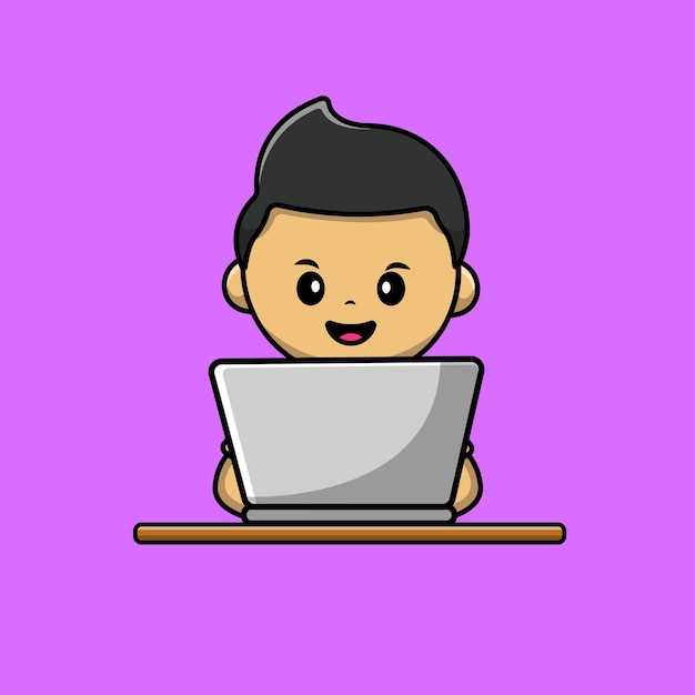 Cute boy working on laptop cartoon vector icon illustration