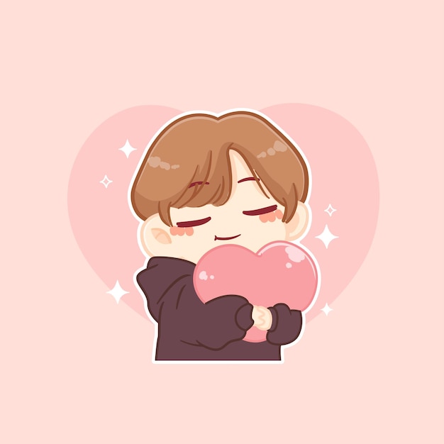 Cute boyfriend holding pink heart miss his girlfriend happy valentine cartoon character illustration