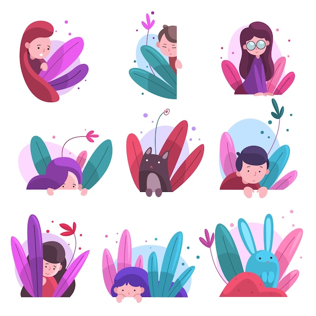 cute boys girls and animals hiding in bushes set adorable kids bunnies and cat peeking out of colorful dense grass bright imaginary world vector illustration on white background