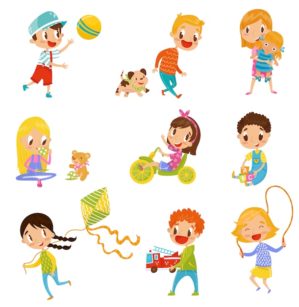 Cute boys and girls doing sports and playing set  Illustrations on a white background