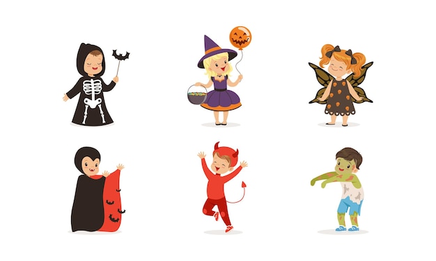 Cute boys and girls in halloween costumes collection children celebrating holidays wearing as zombie