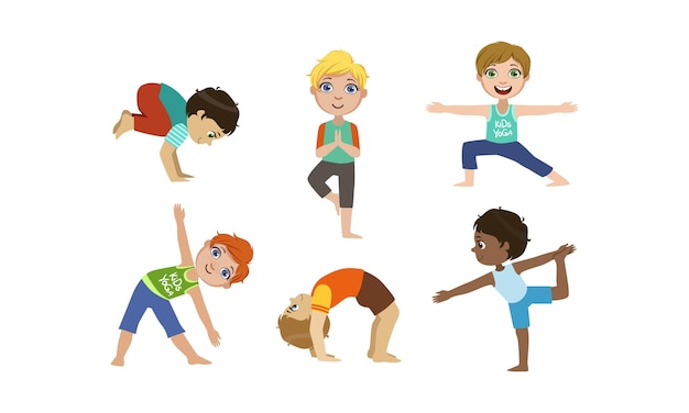 Vector cute boys and girls kids doing gymnastics and yoga exercises set physical activity and healthy lifestyle vector illustration