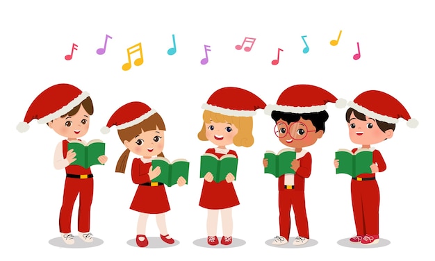 Vettore ragazzi e ragazze carini in uniforme di babbo natale eseguono canti natalizi. clipart di coro scolastico. vettore del fumetto di stile piano isolato.