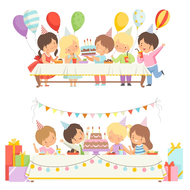 Vector 케이크와 풍선과 함께 축제 테이블에 앉아있는 귀여운 소년과 소녀는 생일 파티에서 행복한 아이들을 설정
