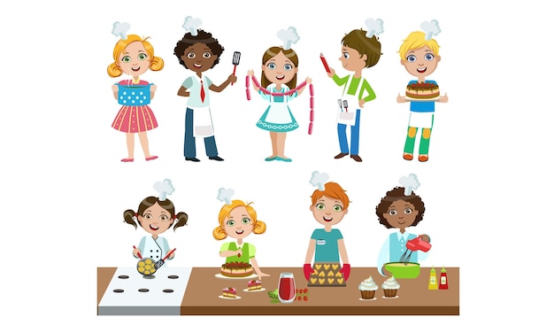 Vector cute boys and girls in uniform cooking in kitchen set kids cooking class vector illustration