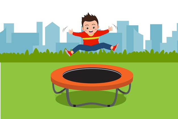 Cute Boys Playing Trampoline In The City Park