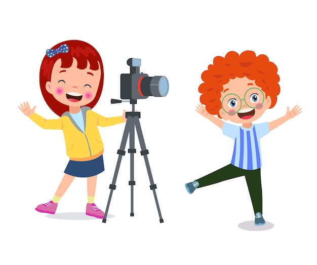 Cute boys taking photo using smartphone and camera cartoon vector illustration