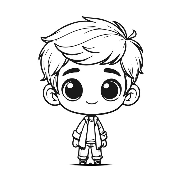 Vector cute boys vector black and white cartoon character design collection white background