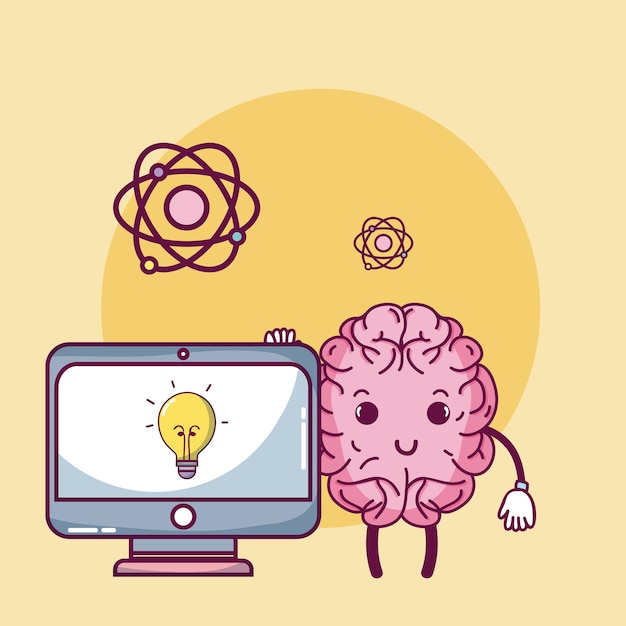 Vector cute brain cartoon with idea in computer