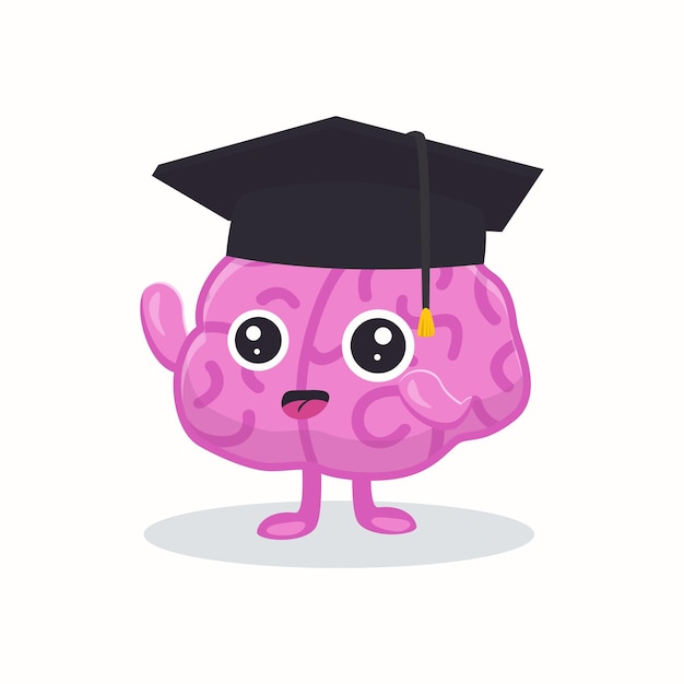 cute brain graduation flat illustration. cartoon brainy character emotions isolated vector. brainpower, mind, and intelligence concept