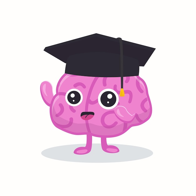 Vector cute brain graduation flat illustration. cartoon brainy character emotions isolated vector. brainpower, mind, and intelligence concept