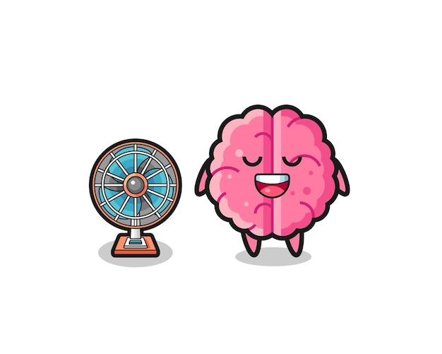 Cute brain is standing in front of the fan