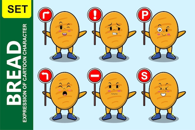 현대 3d 스타일 디자인에 교통 표지를 들고 귀여운 빵 만화 캐릭터