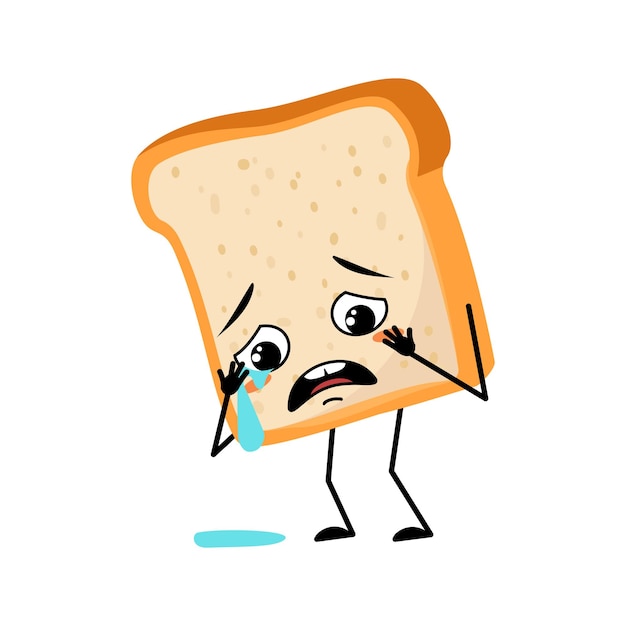 Cute bread character with crying and tears emotion sad face depressive eyes arms and legs baking person homemade pastry with melancholy expression vector illustration