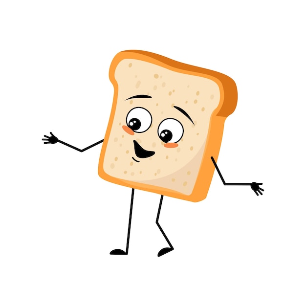 Cute bread character with joyful emotions happy face smile arms\
and legs bakery homemade pastry with funny expression and pose\
vector flat illustration