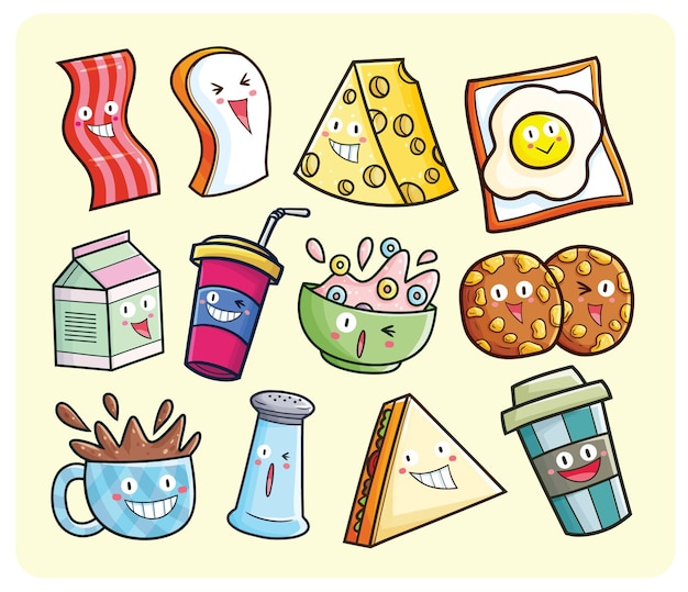 Vector cute breakfast characters cartoon illustration