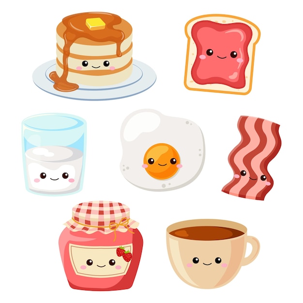 Vettore clipart di cibi e bevande per la colazione carina