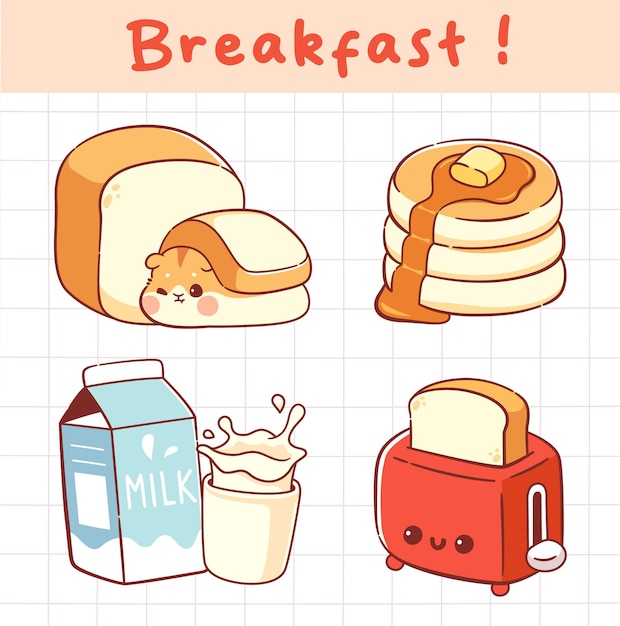 Vector cute breakfast food kawaii sticker collection