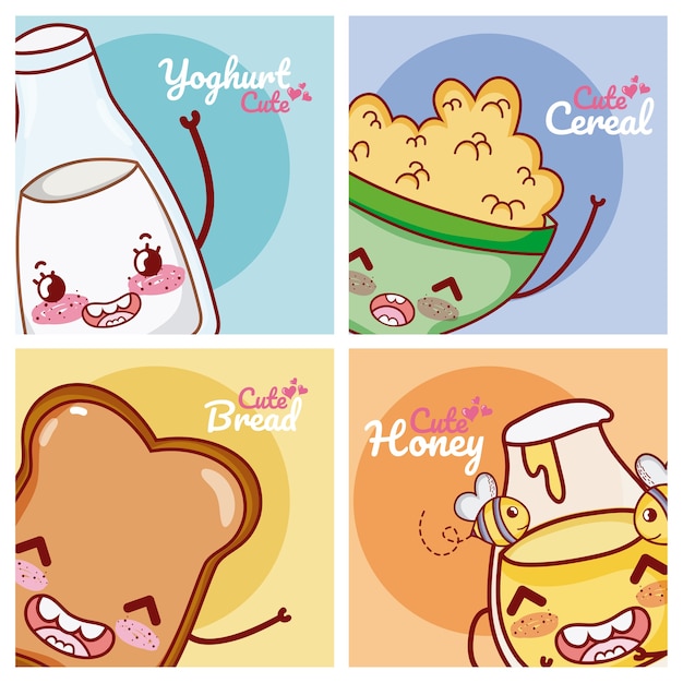 Simpatico cartone animato kawaii ingredienti per la colazione