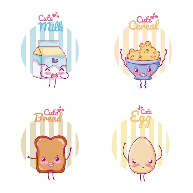 Cute breakfast ingredients kawaii cartoon