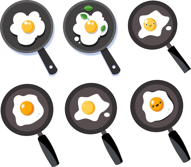 Vector cute breakfast teflon pans with fried egg yolk