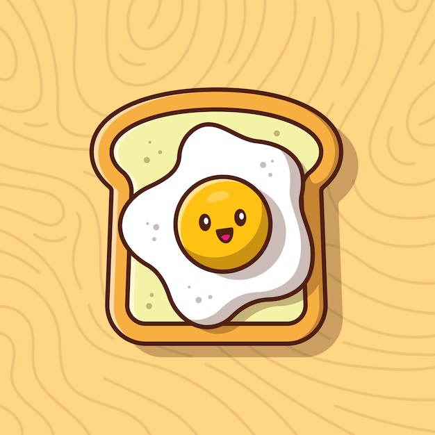 Милый завтрак поджаренный хлеб с яйцом значок иллюстрации. Еда Завтрак Иконка Концепция Изолированные. Плоский мультяшный стиль