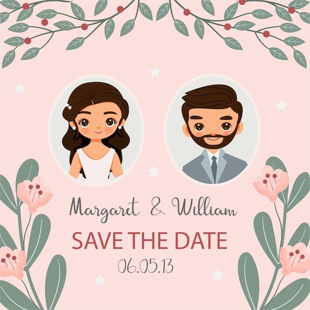 Cute bride and groom cartoon on pink invitation card design