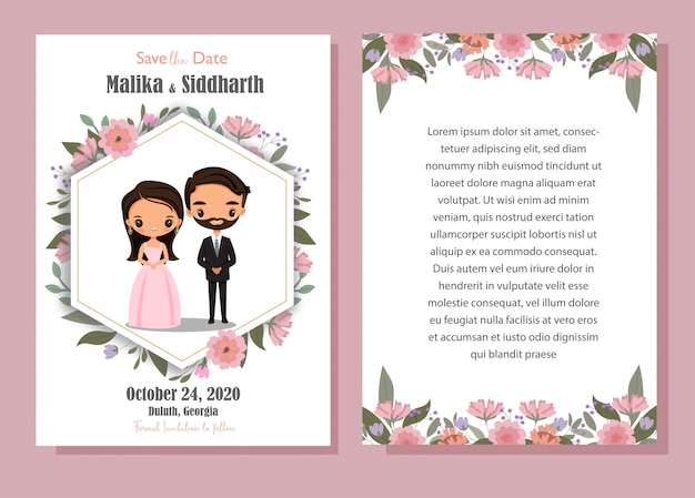 Cute bride and groom cartoon with flower wedding invitation card template