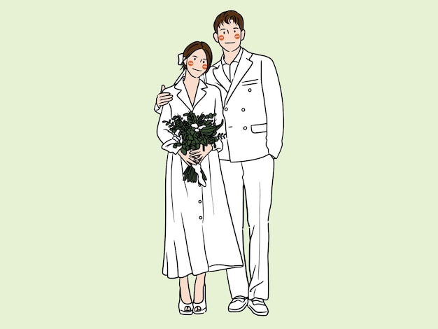 Cute bride and groom couple in wedding dress cartoon character