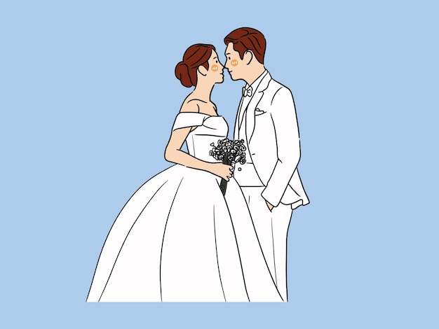 Cute bride and groom couple in wedding dress cartoon character