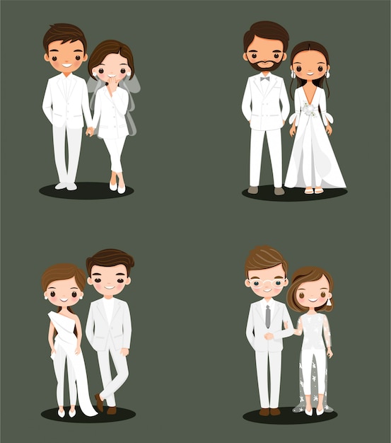 Cute bride and groom couple in white wedding dress suit cartoon character