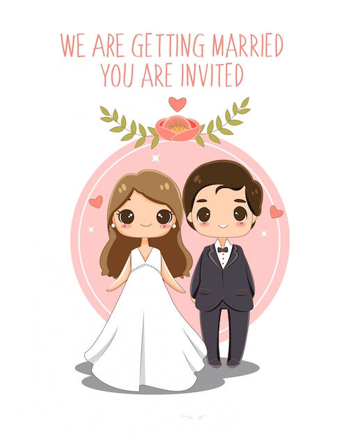Cute  bride and groom in wedding invitations card