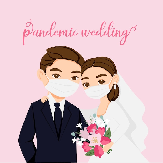 Vector cute bride and groom with a face mask when making married due to virus pandemic