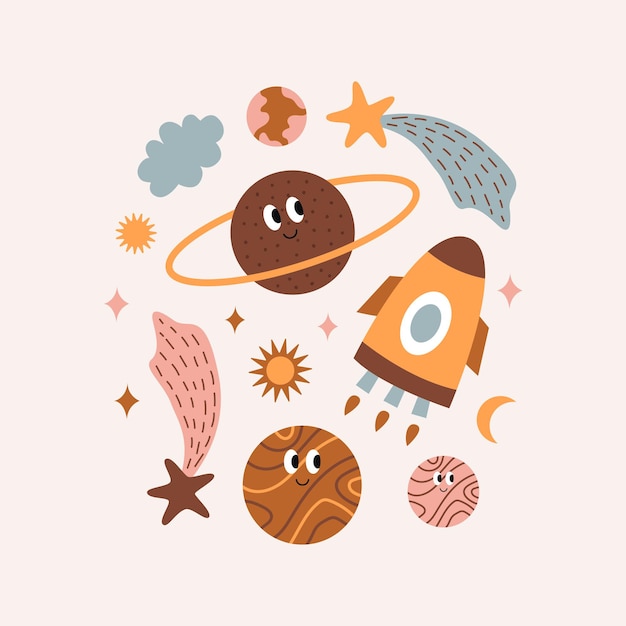 Vector cute bright colorful cosmic objects in boho style vector print for nursery room clothes posters