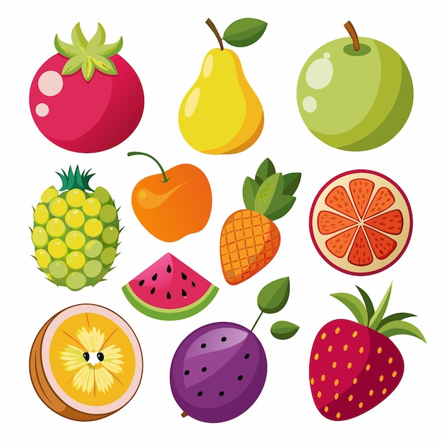 Vector cute bright colors of fruits vector collections set of fruits are apple lemon banana orange pear pineapple grapes cherries strawberry and blueberries